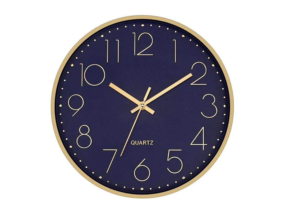 Gold Dark Blue Wall Clock 12 Inch Silent Non Ticking Modern Battery Operated