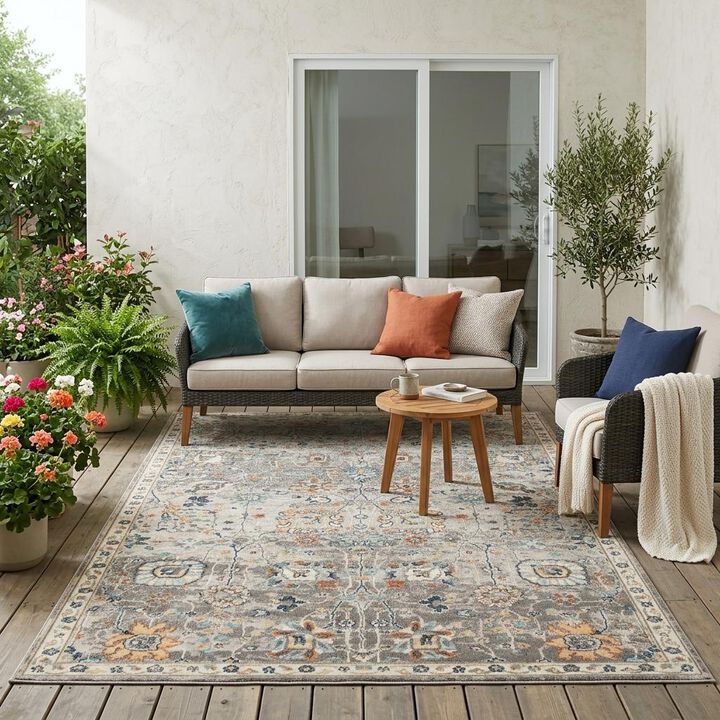 HomeRoots Floral Stain Resistant Indoor Outdoor Area Rug