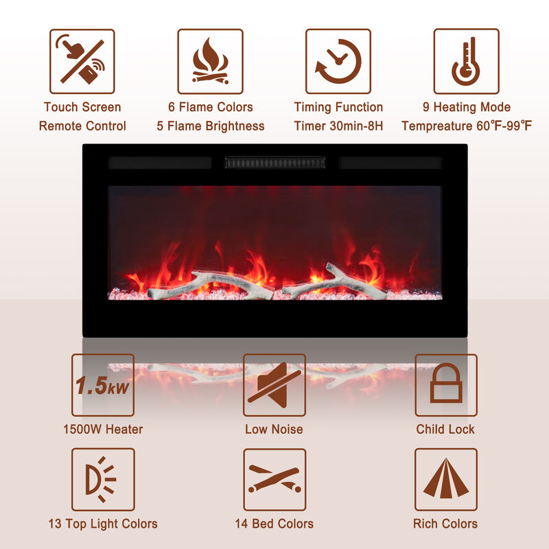 MONDAWE 36" Wall-Mounted Recessed Electric Fireplace 4780 BTU Heater with Remote Control Adjustable Flame Color & Temperature Setting