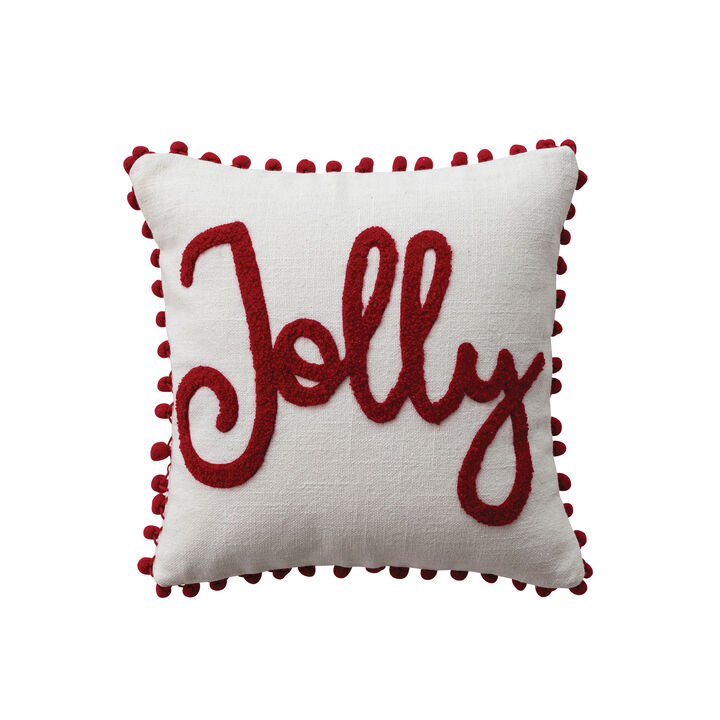 Jolly Embroidered Cotton Slub Pillow with Pom Pom Trim, Red & White