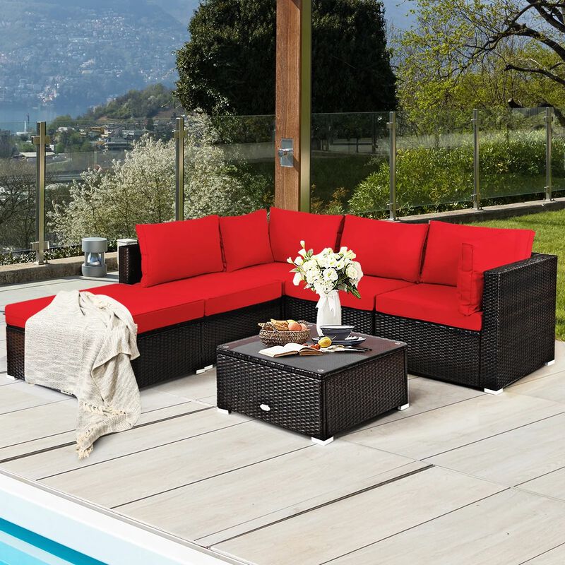 Mondawe 6 Pieces Outdoor Patio Rattan Sectional Sofa Set with Coffee Table