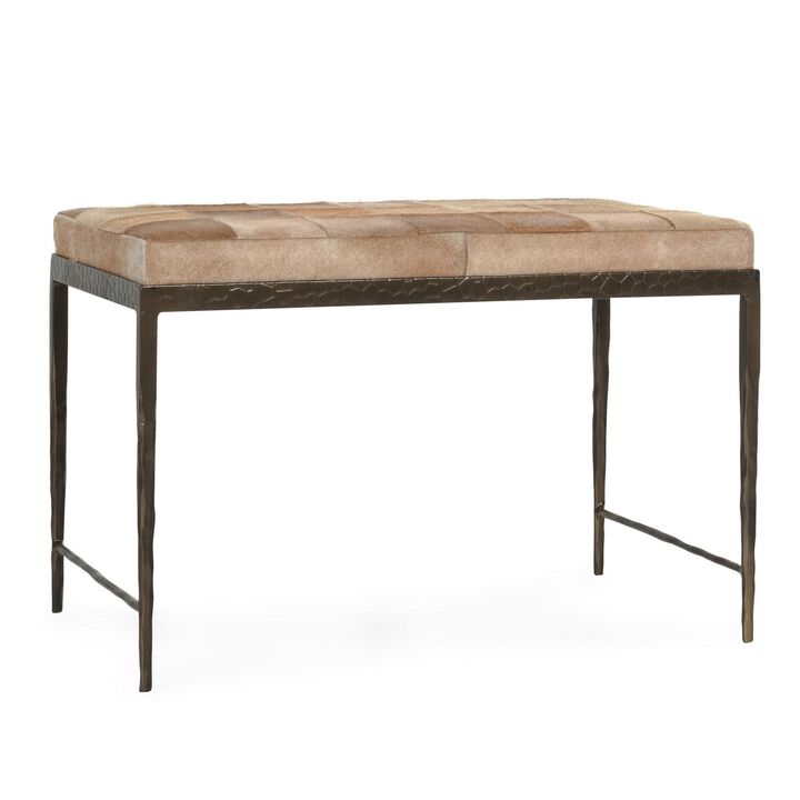 Leif Ottoman Bench with Brown Patchwork Leather Hide, Iron 28 Inch - Benzara