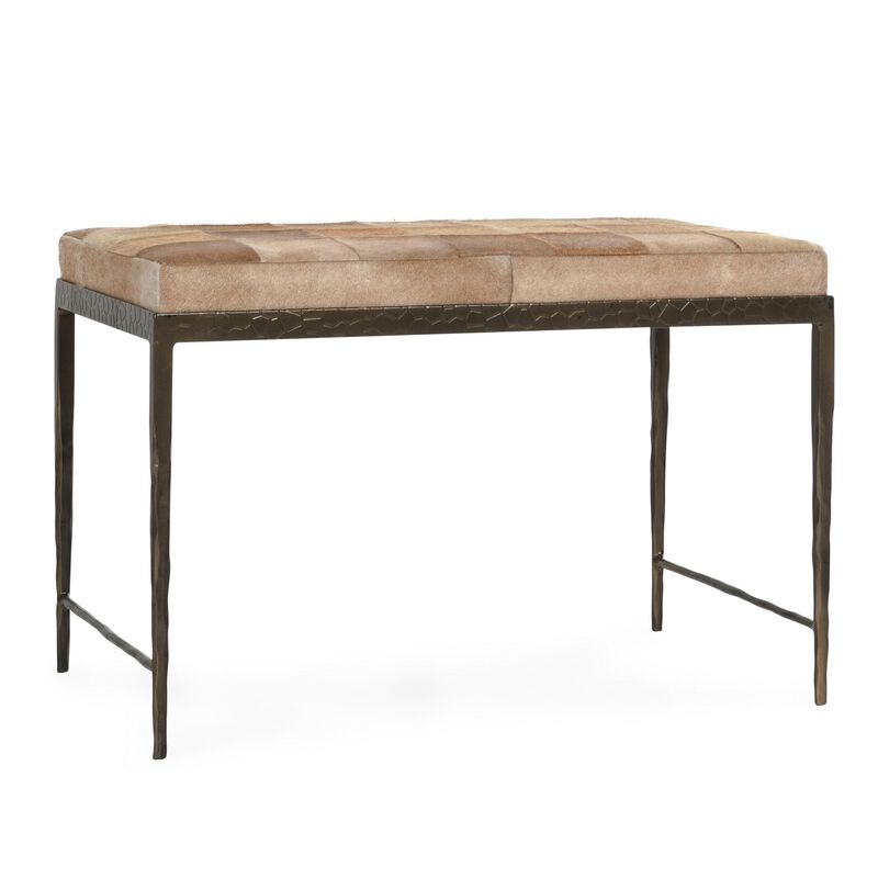 Leif Ottoman Bench with Brown Patchwork Leather Hide, Iron 28 Inch - Benzara