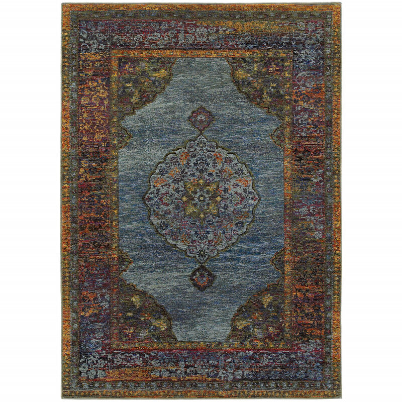 2 X 3 Blue gold green Red Orange And Purple Oriental Power Loom Stain Resistant Area Rug