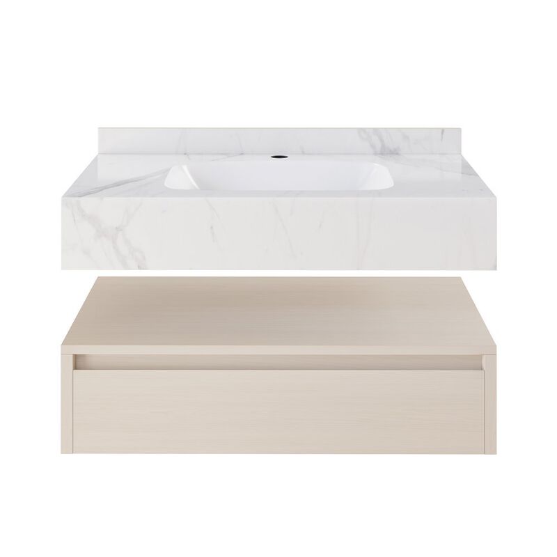 Avancer 36" Wall-Mounted Bathroom Vanity in White Oak with White Marble Sink Top image number 0