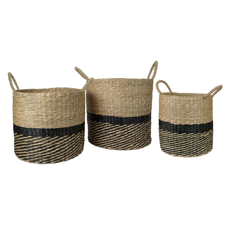 Set of 3 Black and Beige Woven Table and Floor Cylindrical Seagrass Baskets