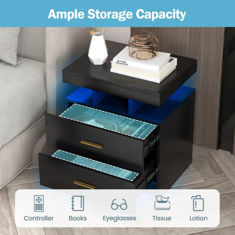 Hivvago LED Nightstand with 2 Storage Drawers for Bedroom