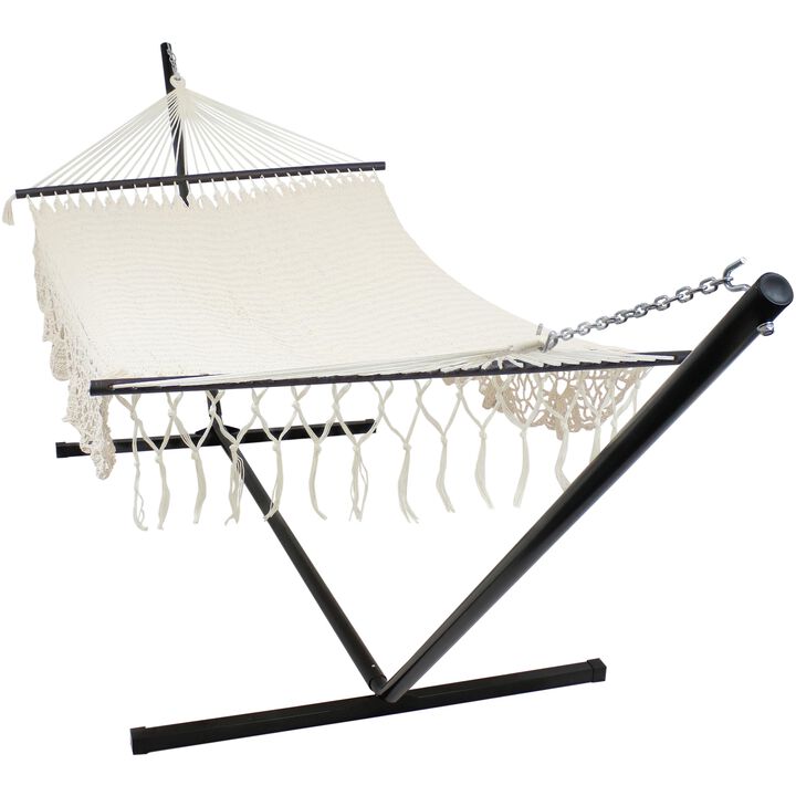Sunnydaze 2-Person Cotton/Nylon Hammock with Steel Stand and Fringe