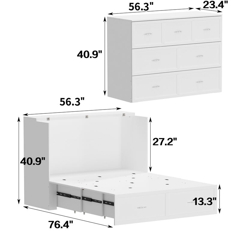 White Wood Frame Full Size Bed Murphy Bed Chest Cabinet With 2-Large Drawers, USB Charging Station and Wheels