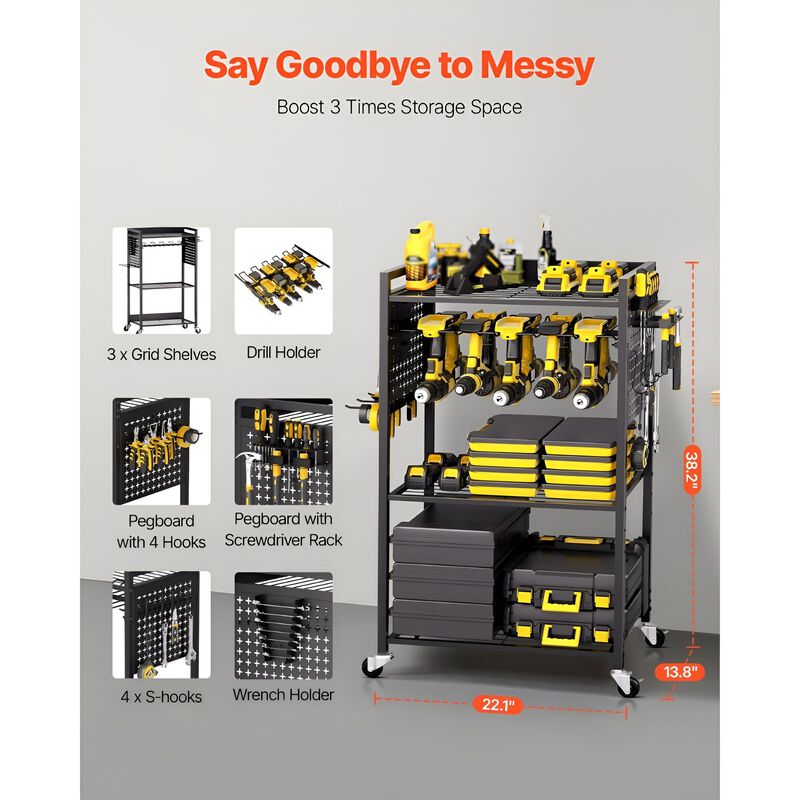 Heavy Duty 4-Tier Rolling Workshop Tool Cart with Drill Holder and Storage Shelves-Black image number 4