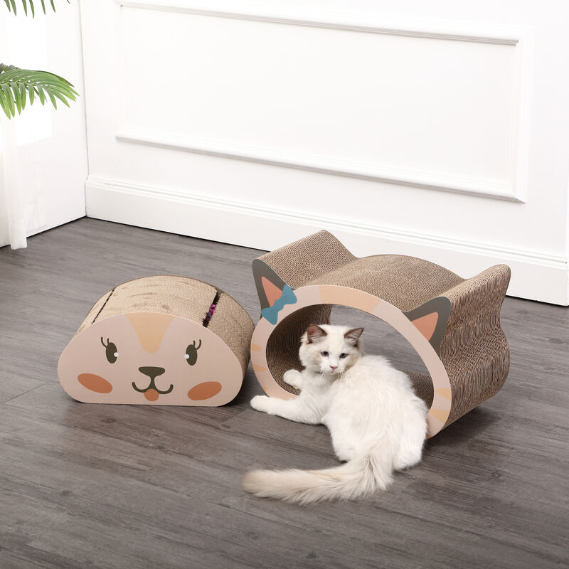 Opal Modern Cardboard Happy Cat Head 2-in-1 Cat Cave Scratcher with Built-In Bell Toys and Catnip