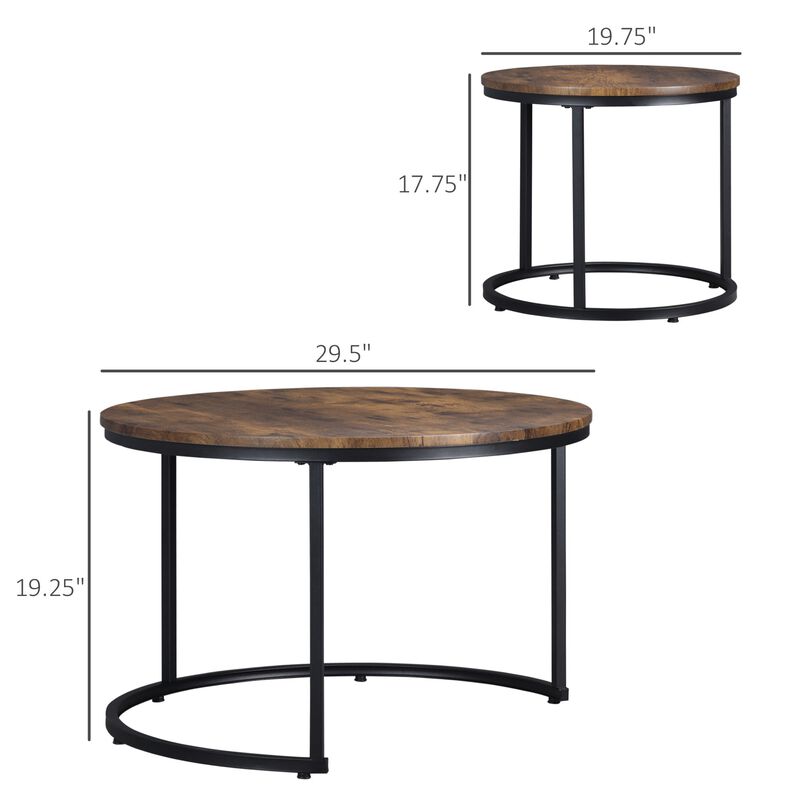 Rustic Brown Table Set: Round Nesting Coffee Tables with Metal Frame