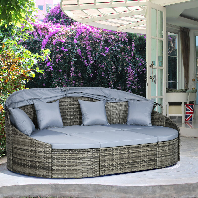 Outsunny 4-Piece Wicker Patio Furniture Set with Canopy, Outdoor PE Rattan Round Convertible Daybed, Sectional Sofa Set with Cushions, Pillows, Footrest, Table, Light Gray