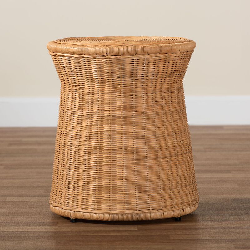 bali & pari Caroline Round Natural Rattan End Table &ndash; Handwoven Wicker Drum Shape Accent Table for Living Room or Sunroom, Light Honey.