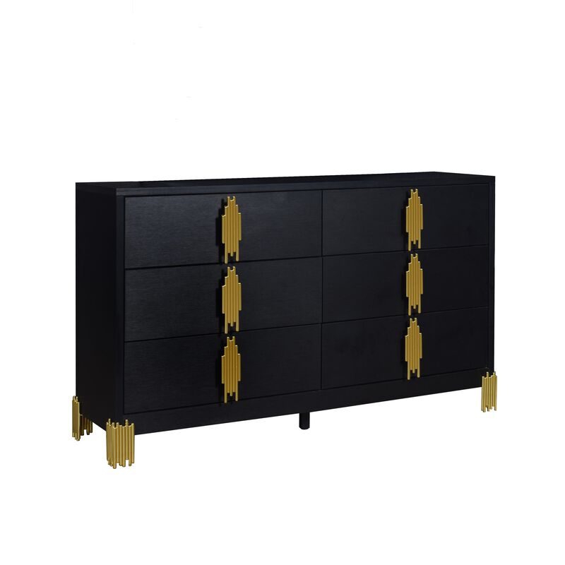 Theo Wide Dresser, 6 Drawers, Retro Style Gold Handles, Black 59 Inch - Benzara
