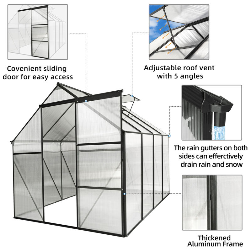 Streamdale Durable 6x8 FT Polycarbonate Greenhouse with Raised Base image number 9