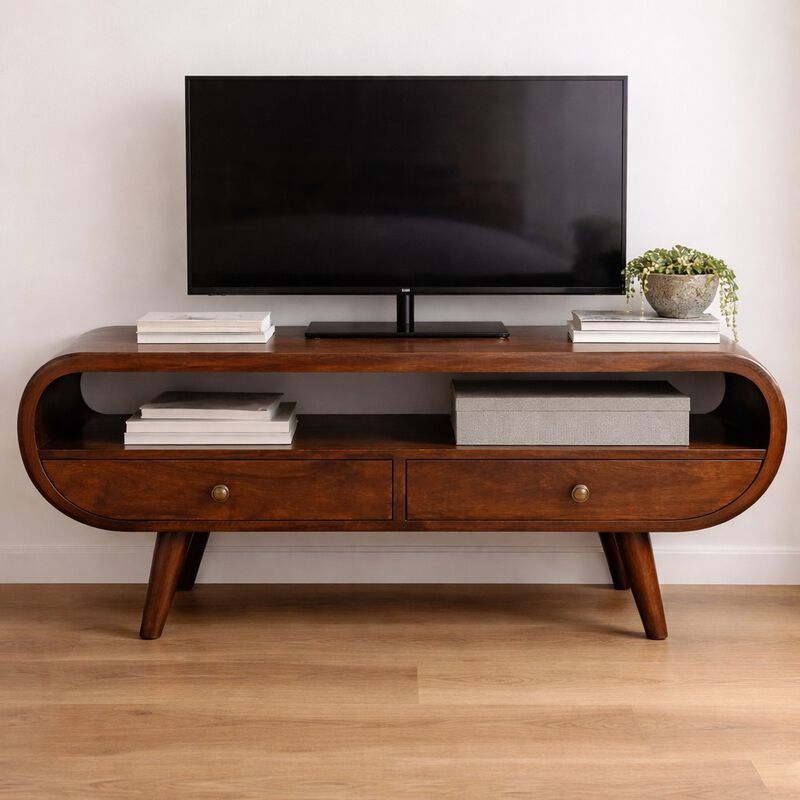 Artisan Furniture Solid Wood Walnut Curved Two Drawer and Shelf Media Unit, Brown image number 1