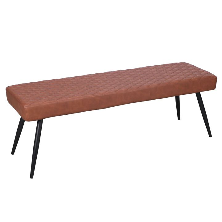 Lopi Dining Bench, 54 Inch Cognac Brown Faux Leather Seat, Metal Legs
