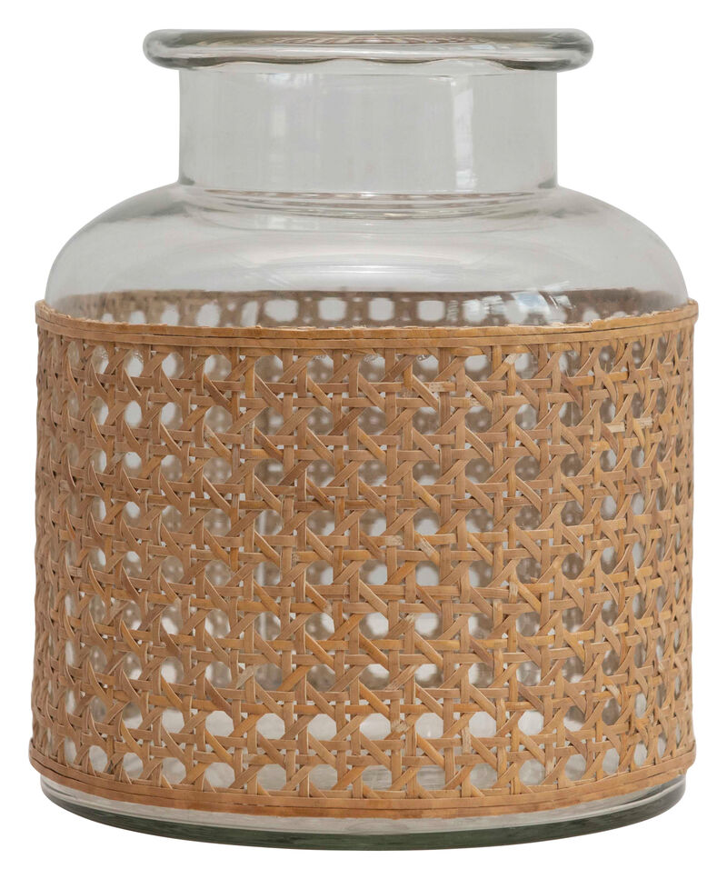 Round Glass Jar Vase with Decorative Cane Sleeve, Clear and Natural image number 0