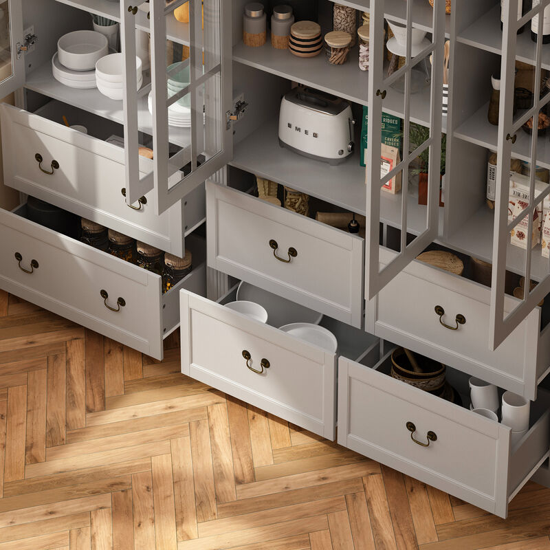 FUFU&GAGA 12-Shelf Wood Sideboards with Glass Doors & 6 Drawers,  Elegant and Spacious Storage Solution, (78.7" L x 15.7" W x 78.7" H), Black