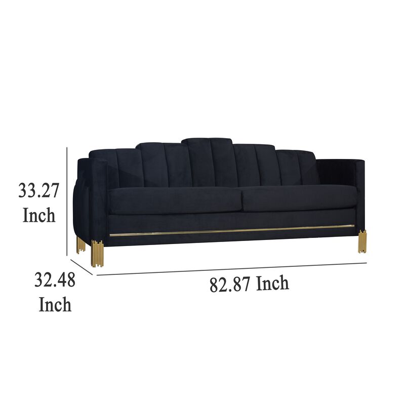 Theo Sofa, Black Velvet, Blue LED Lights, Gold Metal Legs, 83 Inch - Benzara