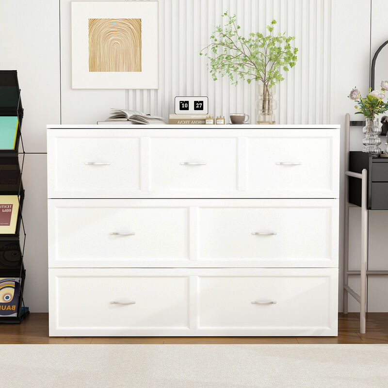 White Wood Frame Full Size Bed Murphy Bed Chest Cabinet With 2-Large Drawers, USB Charging Station and Wheels