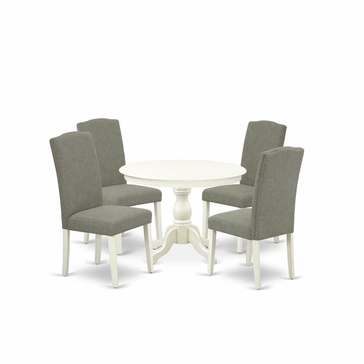East West Furniture HBEN5-LWH-06 5 Piece Dining Table Set - Linen White Modern Dining Table and 4 Dark Shitake Linen Fabric Modern Dining Chairs with High Back - Linen White Finish