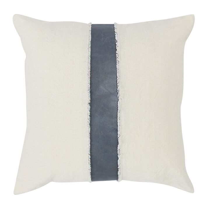26 x 26 Accent Throw Pillow, Faux Leather Center, Fringed, White, Gray-Benzara