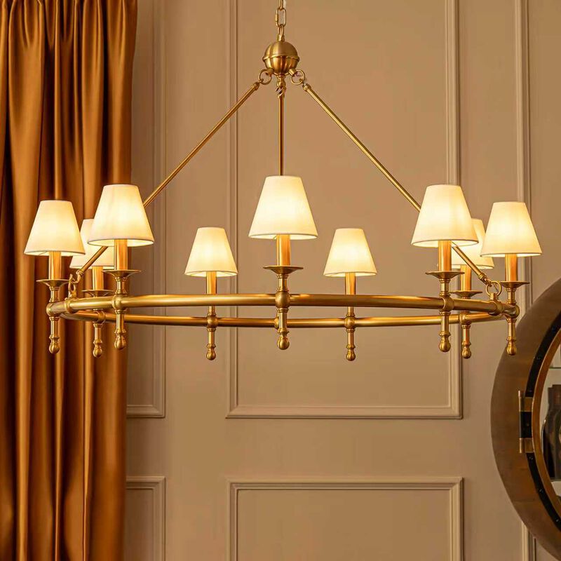47'' 9-Light Extra Large Vintage Brass Chandelier with White Fabric Shades For Dining Room or Living Room image number 1