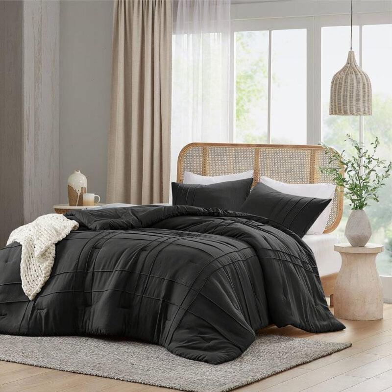 Hivvago Full/Queen size Pre-Washed Pleated Microfiber Comforter Set in Black image number 1