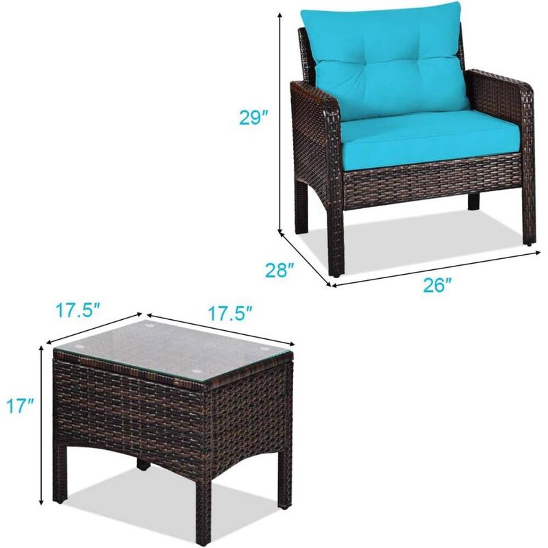 Hivvago 3-Piece Brown PE Rattan Outdoor Patio Furniture Dining Set w/ Turquoise Cushions