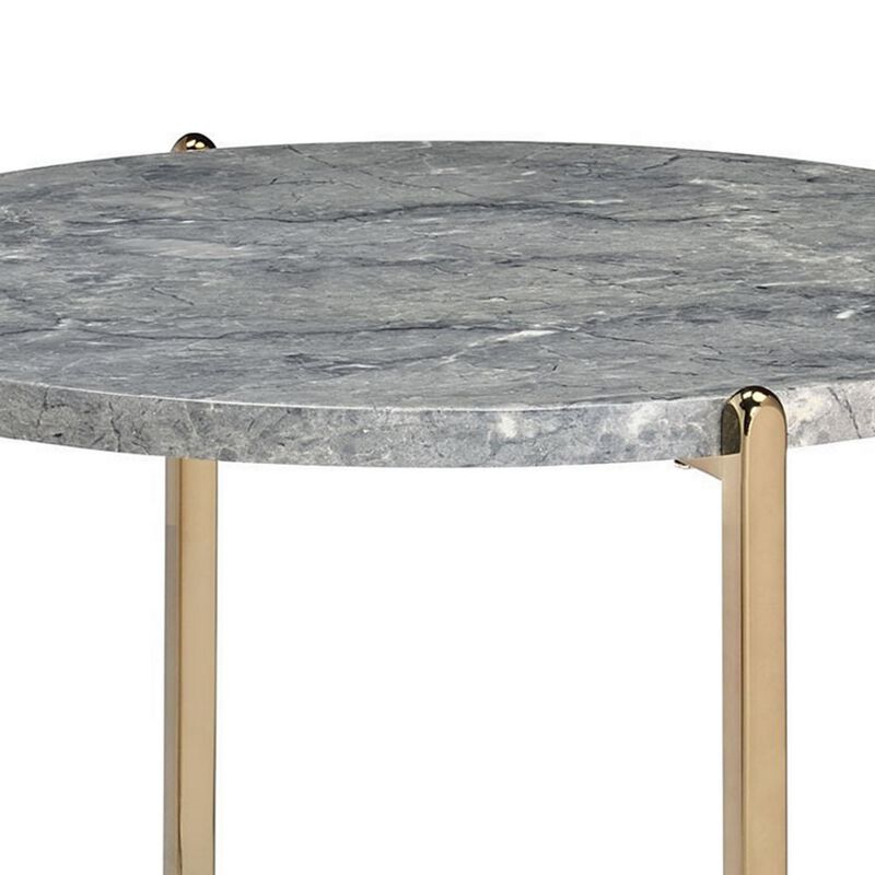 End Table with Oval Marble Top and X Shaped Support, Gray and Gold-Benzara