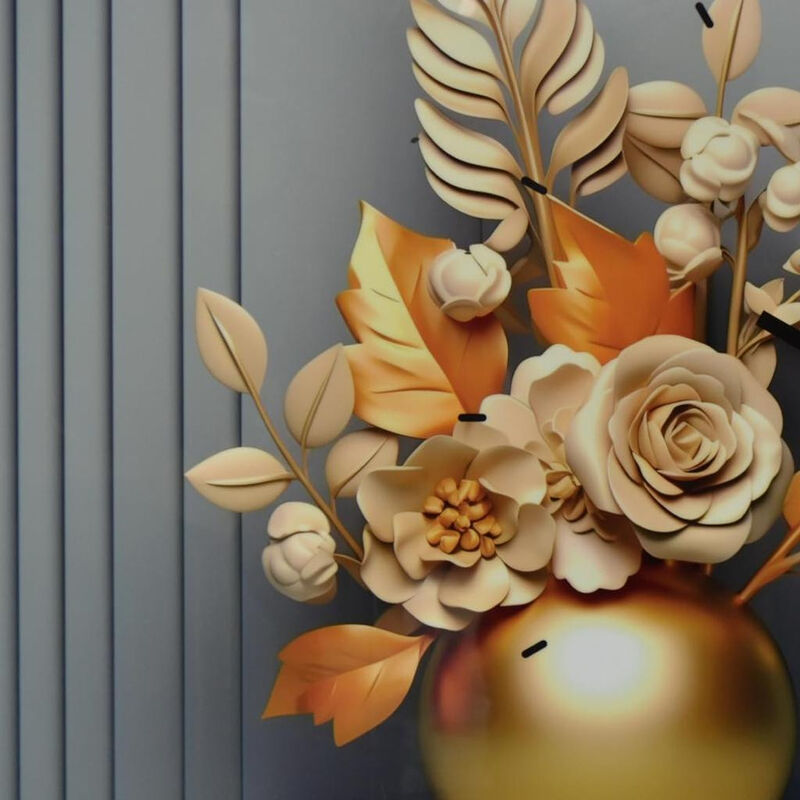 HomeRoots 24" Beige Gold And Gray Solid Wood and Acrylic Silent Analog Floral Wall Clock image number 5