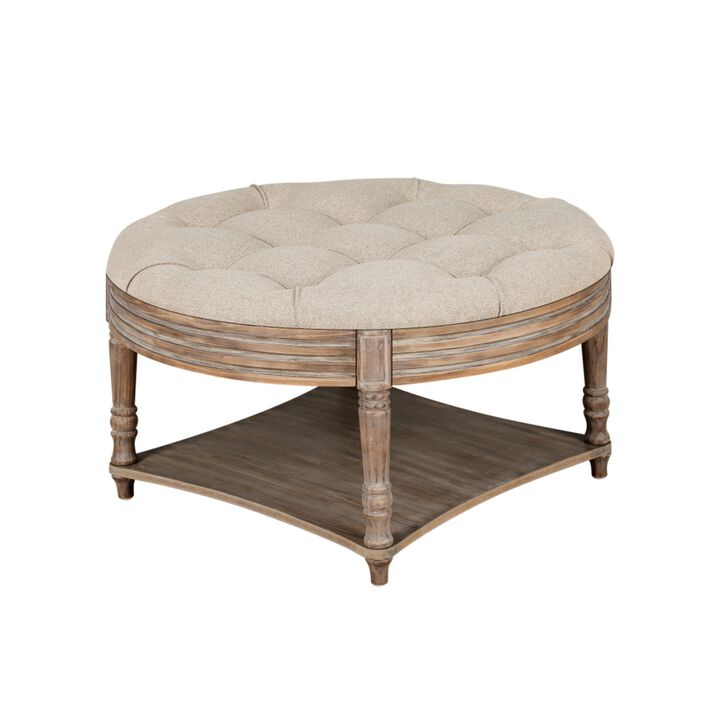 Plozup Large Round Tufted Linen Upholstered Ottoman Coffee Table