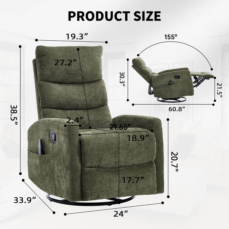 Heat Massage Manual Recliner Chair with Rocker and Swivel in Fabric image number 7