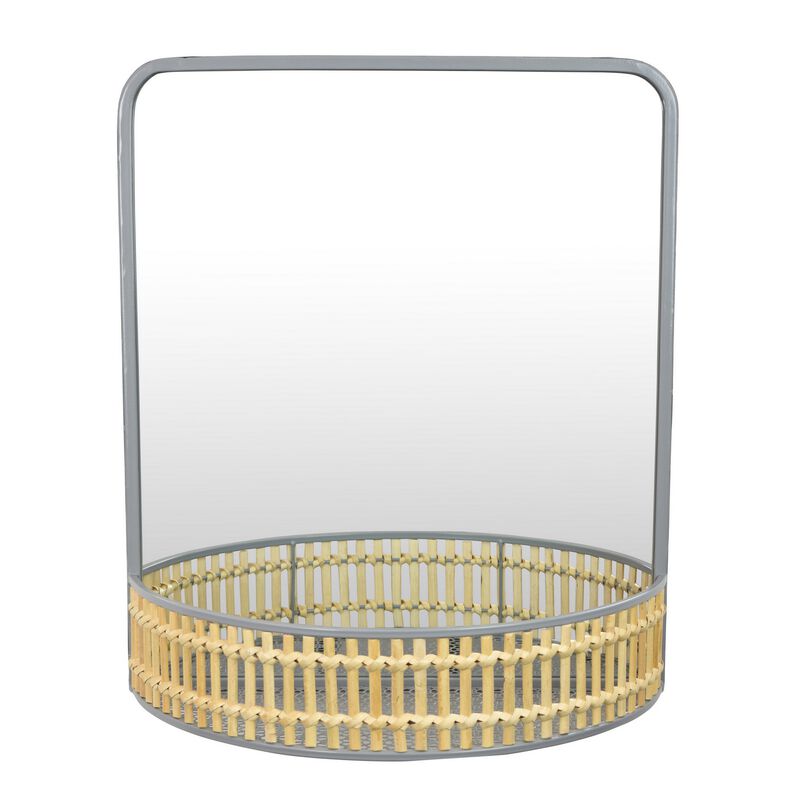 Elpis Wall Mirror Decor with Woven Shelf,  20 Inch Tall, Gray Metal - Benzara
