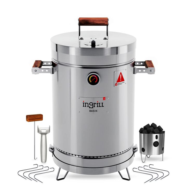 3-in-1 Stainless Steel Smoker Barrel Grill &ndash; Portable Charcoal BBQ with Thermometer, 12 lbs Outdoor Cooking Smoker for Camping, Backyard & Home BBQ INGRILL