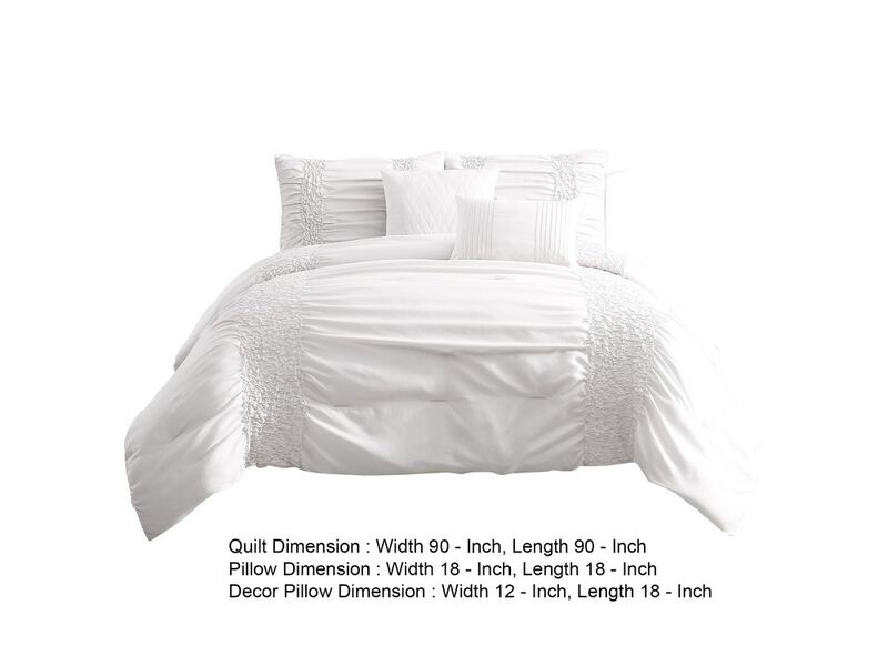 4 Piece Twin Comforter Set with Ruching Details, White - Benzara