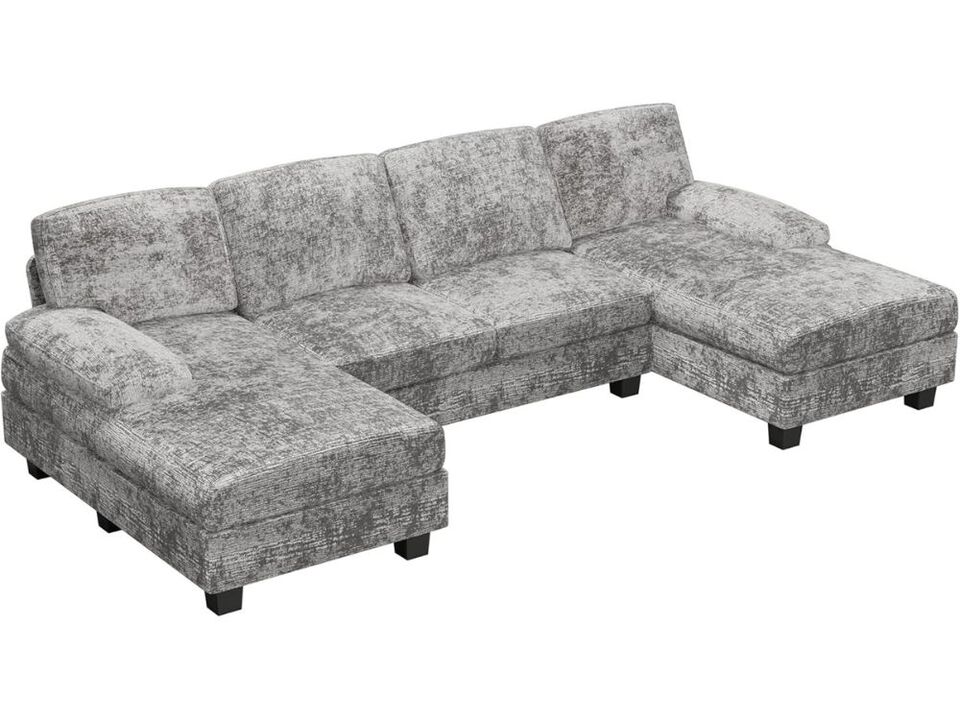 Convertible Sectional Sofa 4 Seat U Shaped Modular Sleeper with Double Chaise Grey