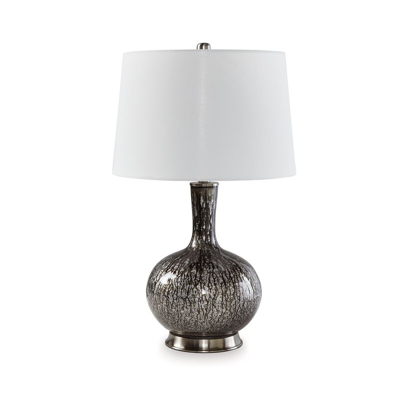 26 Inch Table Lamp, Tall Black Round Glass Base, White Drum Fabric Shade - Benzara