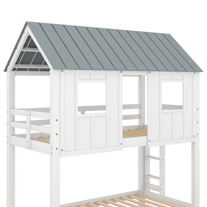 Whisen Twin Size House Bunk Bed with Trundle, Pine Wood, for Kids Teens Bedroom image number 4