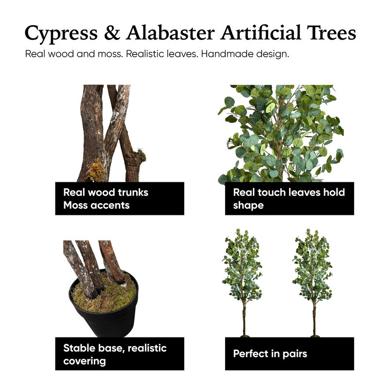 Handmade 6' Artificial Eucalyptus Tree In Home Basics Plastic Pot Made with Real Wood and Moss Accents