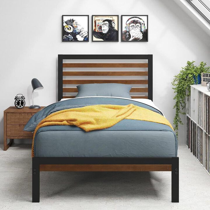 Hivvago Twin Metal Platform Bed Frame with Bamboo Wood Slatted Headboard and Footboard