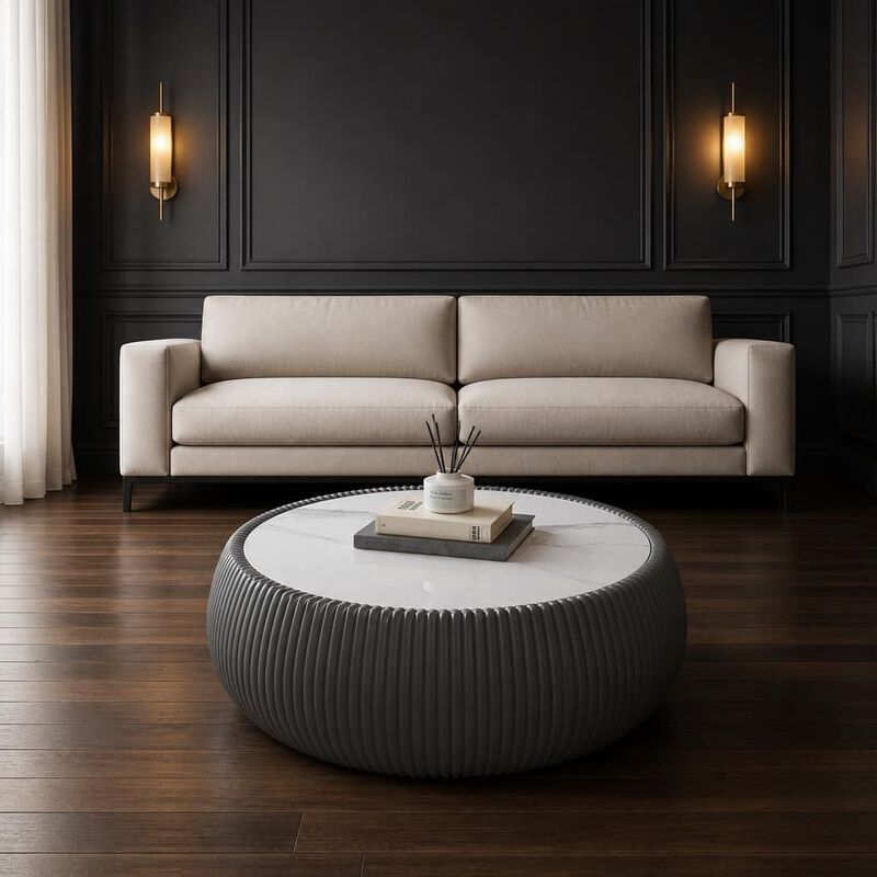GOODSILO Modern Round Drum Shaped Sintered Stone Top Coffee Table Unique Patterned Accent Furniture For Living Room, Bedroom And Office image number 3