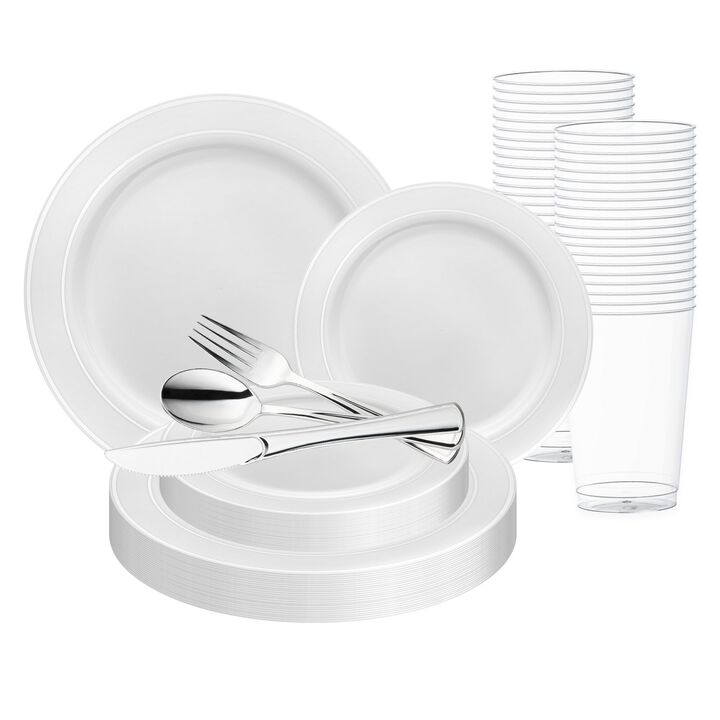 White with Silver Edge Rim Plastic Wedding Value Set (30 Sets)