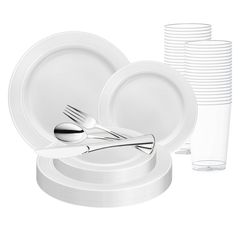 White with Silver Edge Rim Plastic Wedding Value Set (30 Sets) image number 0