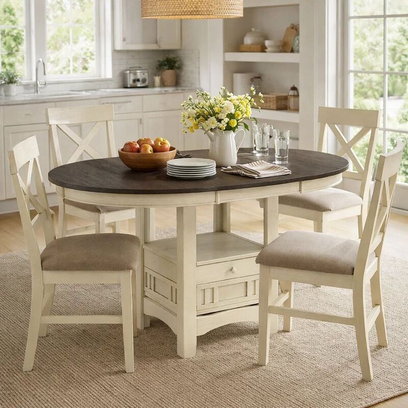 Glee 42-60 Inch Extendable Counter Height Table, Antique White and Brown image number 6