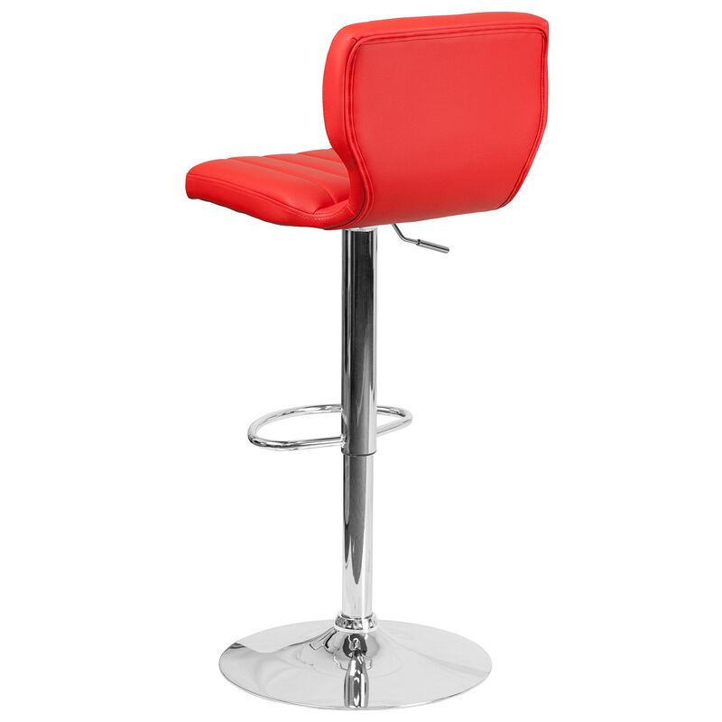Flash Furniture Jeremy Contemporary Red Vinyl Adjustable Height Barstool with Vertical Stitch Back and Chrome Base