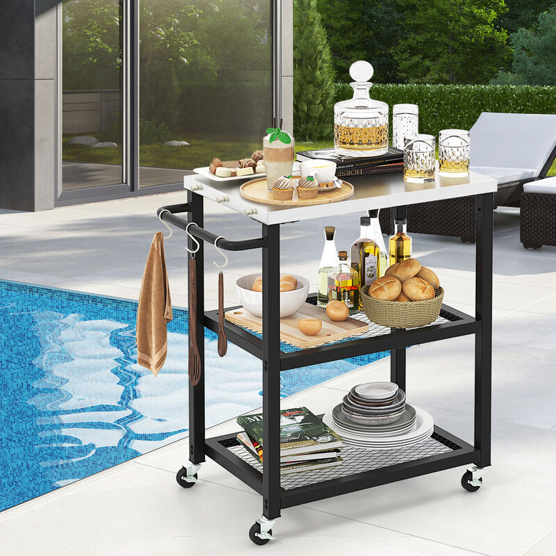 3-Tier Foldable Outdoor Stainless Steel Food Prepare Dining Cart Table on Wheels-Black
