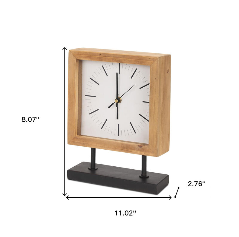 HomeRoots 11" Natural And Black Solid Wood And Metal Square Table Clock image number 3